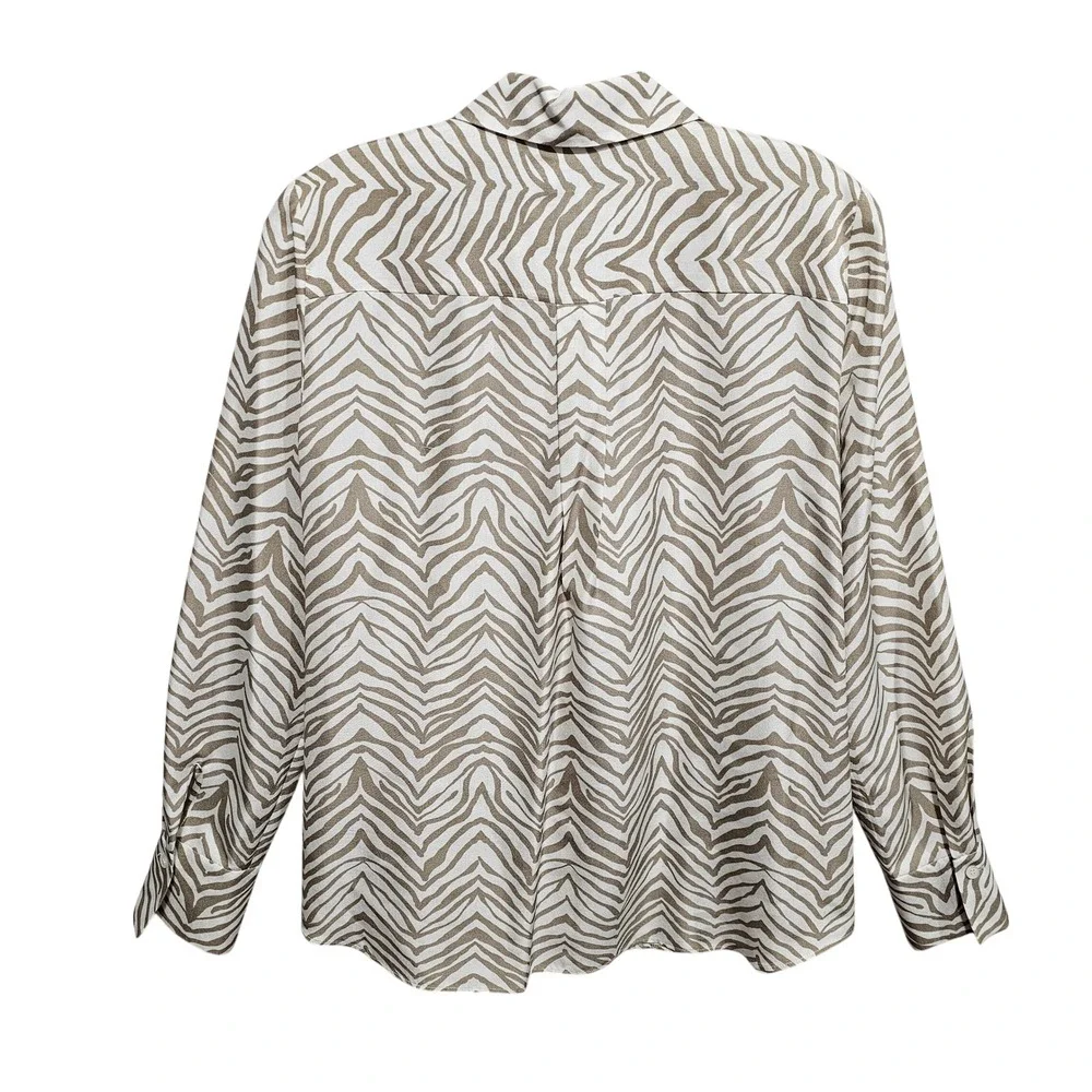 Lafayette 148 - Tan & Cream Zebra Print Button Front Long Sleeves Blouse Size S - Picture 5 of 10